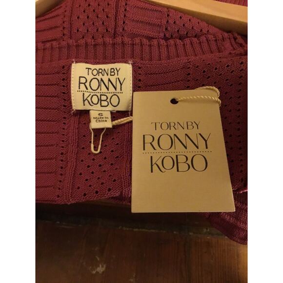 Torn by Ronny Kobo mauve Kimberly pointelle textured knit peplum Top NWT Sz S - Picture 2 of 7